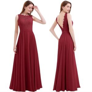 Babaroni NWT Tabitha Lace Bodice‎ Chiffon Skirt Long Dress-Burgundy Size 8